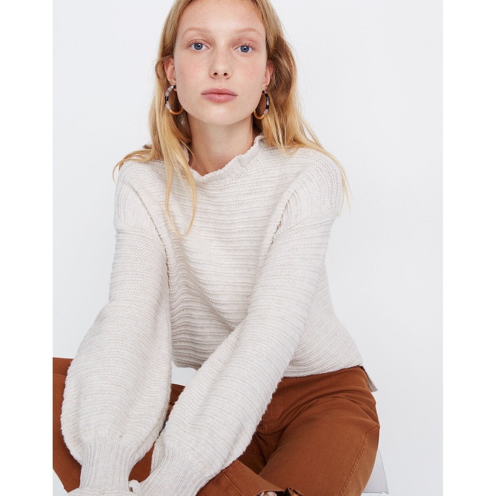 Madewell Women Ruffle Neck Cotton Merino Sweater Heather Oak XXS Coquette